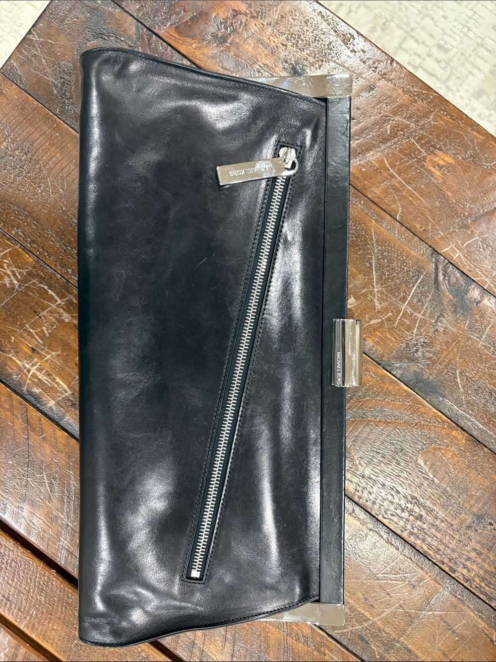 Michael Kors Black Leather Men's Clutch with Silver Hardware